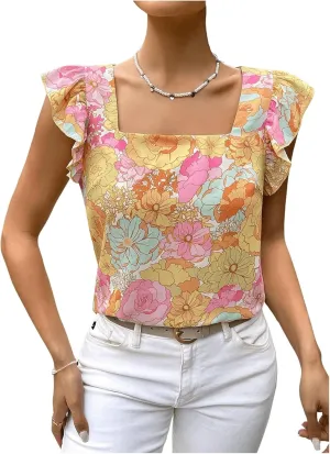 MakeMeChic Women's Floral Print Blouse Square Neck Ruffles Cap Sleeve Summer Shirt Tops