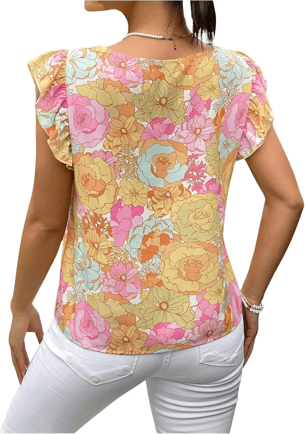 MakeMeChic Women's Floral Print Blouse Square Neck Ruffles Cap Sleeve Summer Shirt Tops