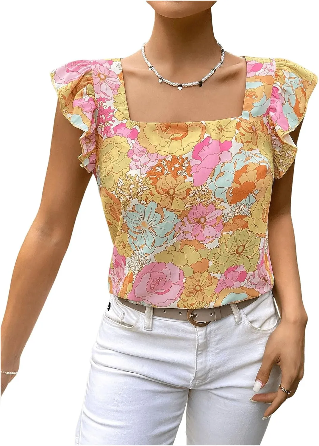 MakeMeChic Women's Floral Print Blouse Square Neck Ruffles Cap Sleeve Summer Shirt Tops