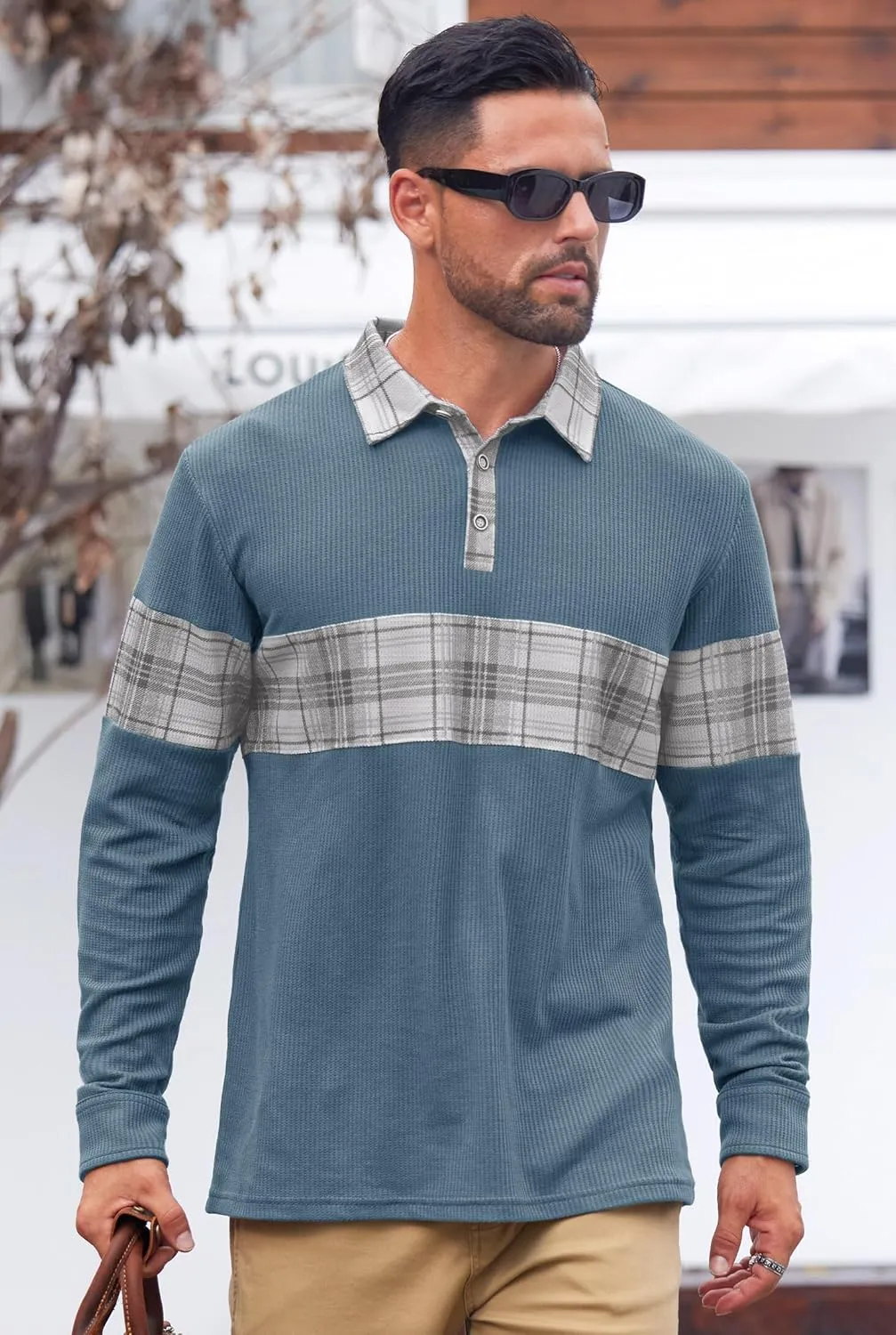 Mens Long Sleeve Polo Shirts Print Casual Vintage Classic Golf Shirt (S-XXL)