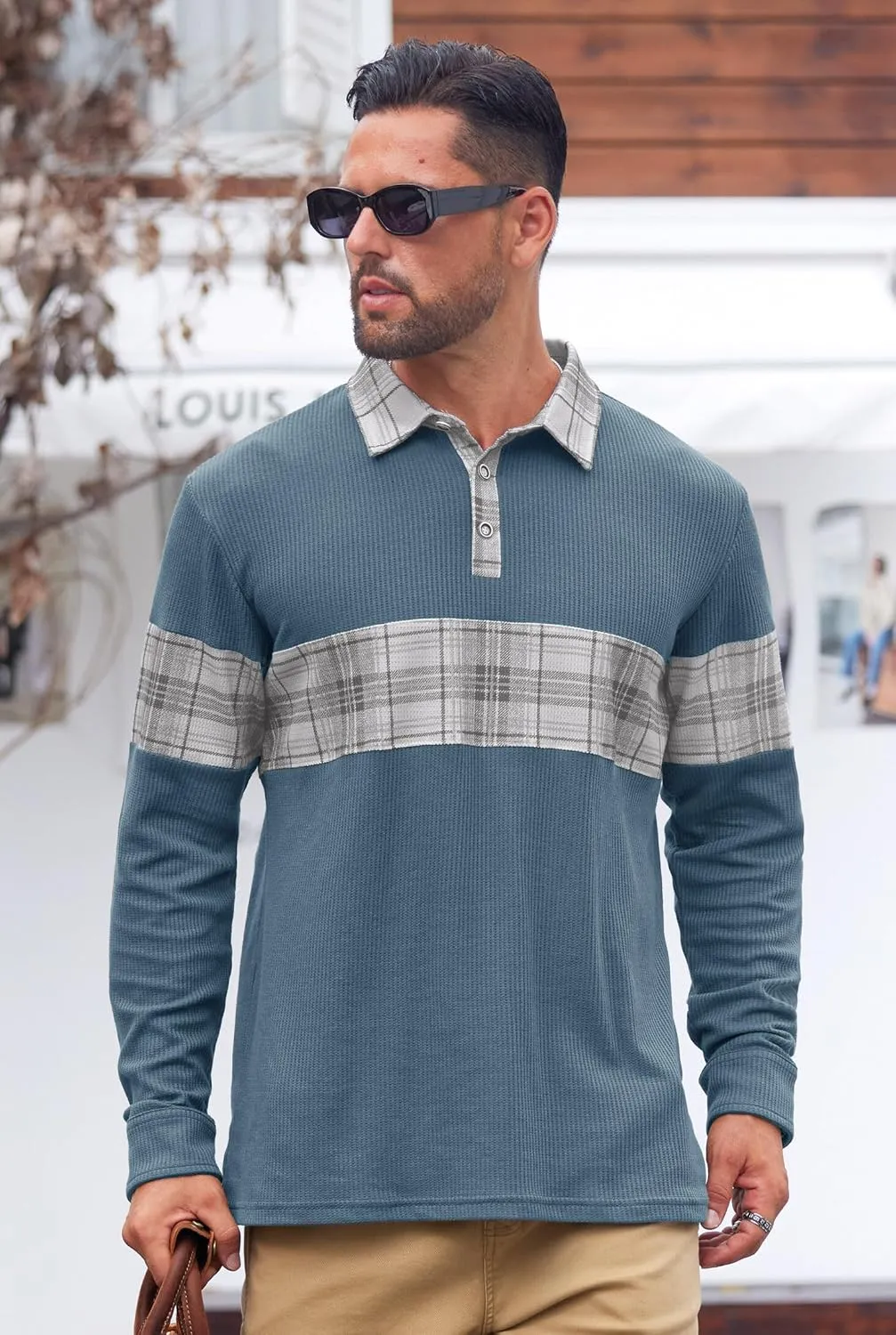 Mens Long Sleeve Polo Shirts Print Casual Vintage Classic Golf Shirt (S-XXL)