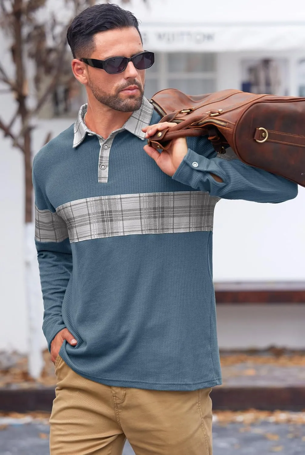 Mens Long Sleeve Polo Shirts Print Casual Vintage Classic Golf Shirt (S-XXL)