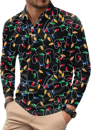 Mens Long Sleeve Polo Shirts Print Casual Vintage Classic Golf Shirt (S-XXL)