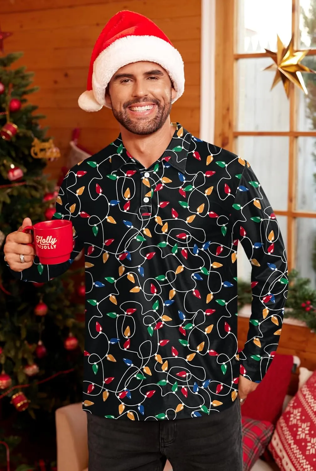 Mens Long Sleeve Polo Shirts Print Casual Vintage Classic Golf Shirt (S-XXL)