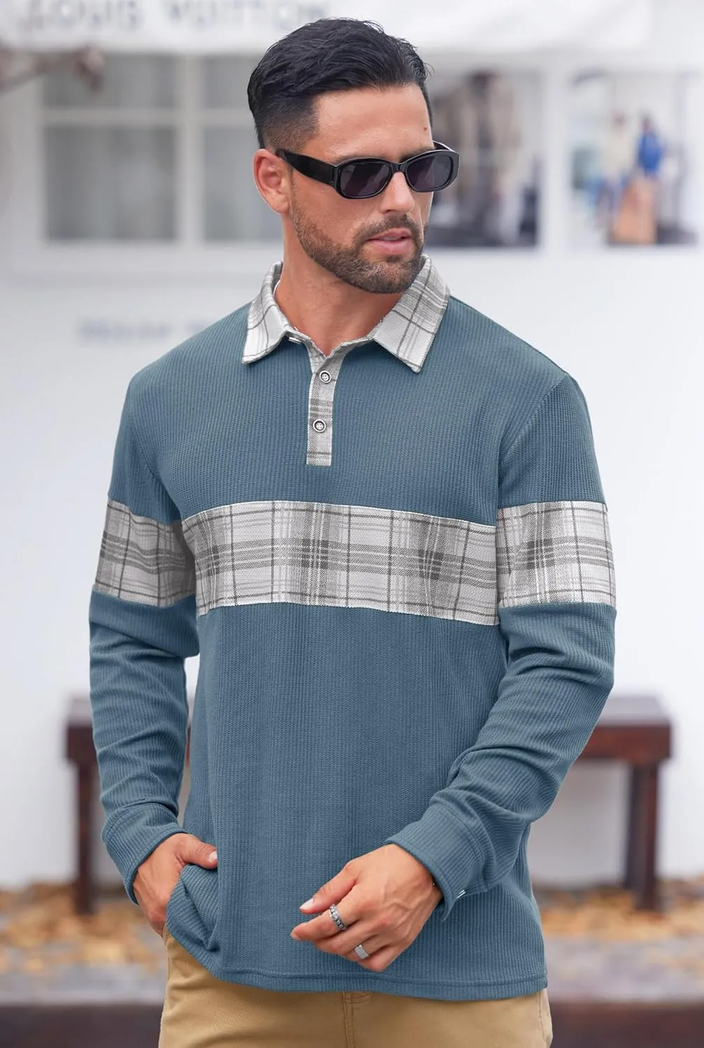 Mens Long Sleeve Polo Shirts Print Casual Vintage Classic Golf Shirt (S-XXL)