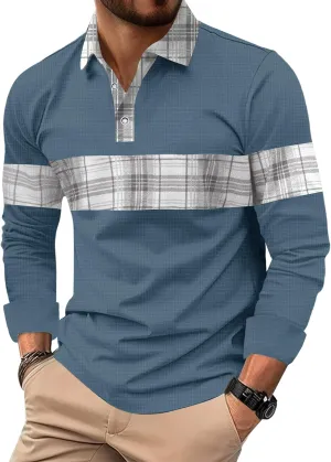 Mens Long Sleeve Polo Shirts Print Casual Vintage Classic Golf Shirt (S-XXL)