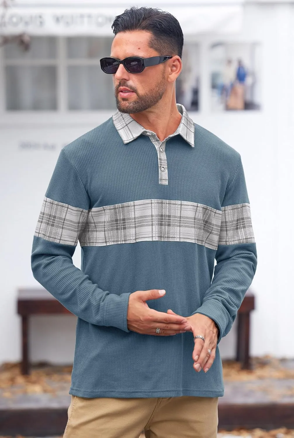 Mens Long Sleeve Polo Shirts Print Casual Vintage Classic Golf Shirt (S-XXL)