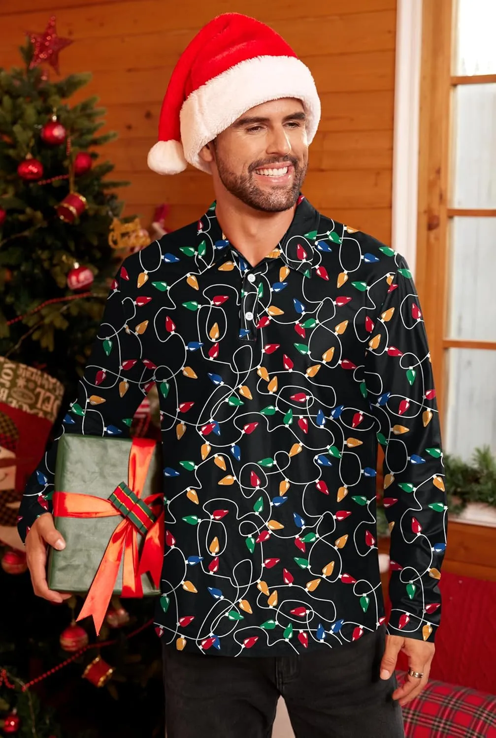 Mens Long Sleeve Polo Shirts Print Casual Vintage Classic Golf Shirt (S-XXL)