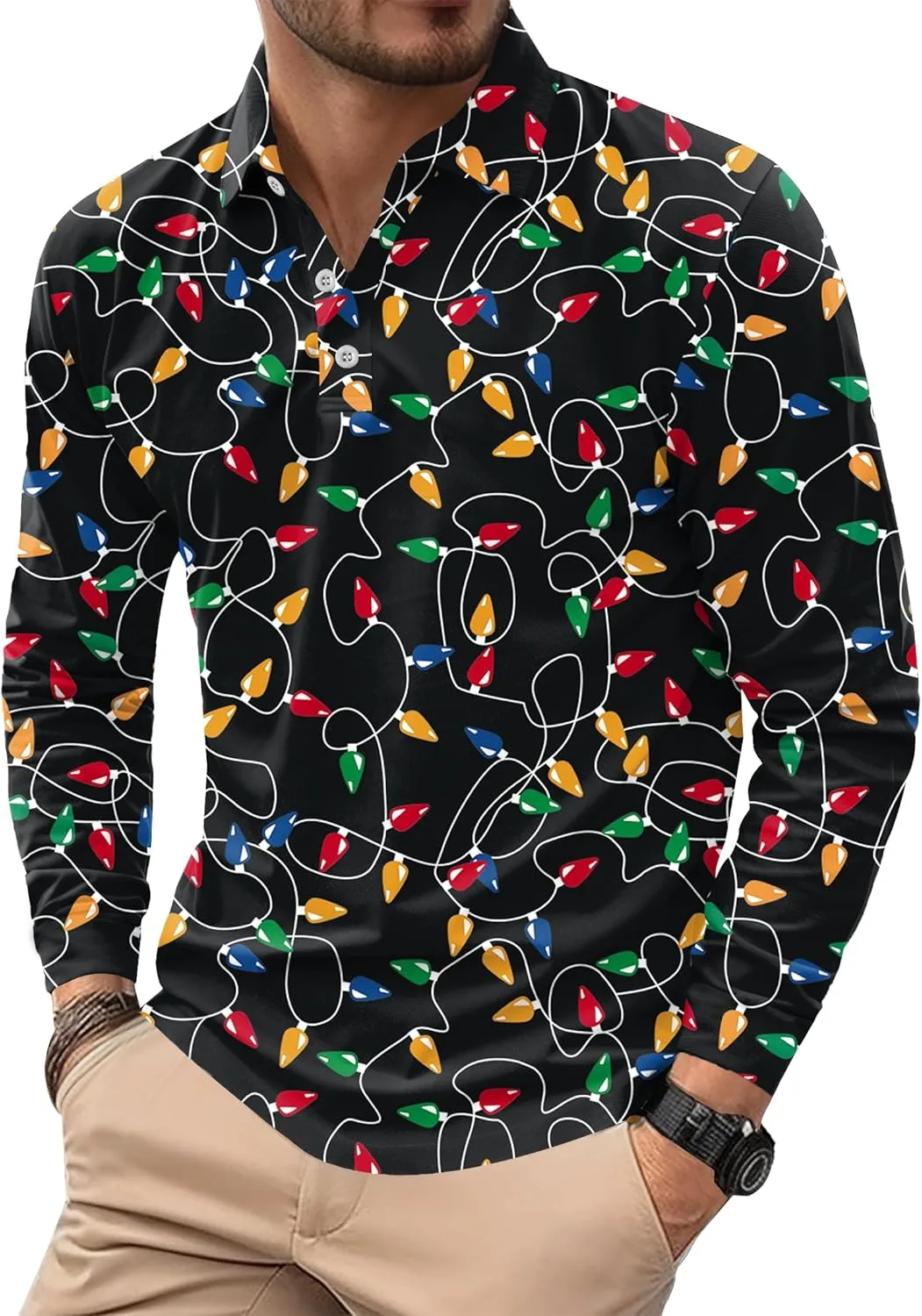 Mens Long Sleeve Polo Shirts Print Casual Vintage Classic Golf Shirt (S-XXL)