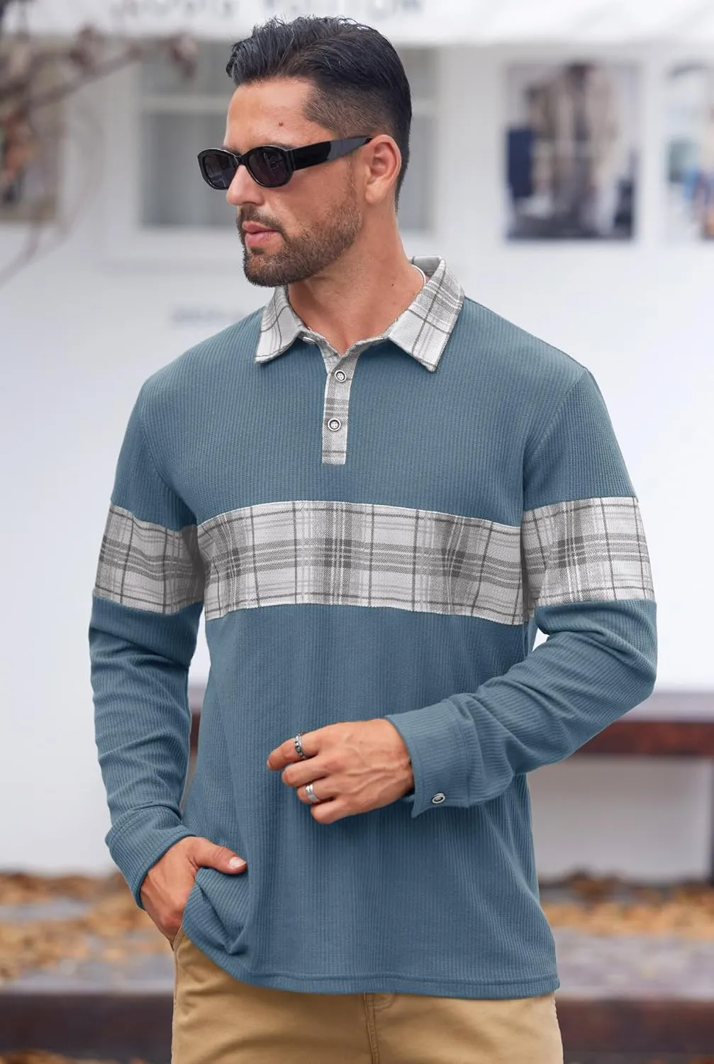Mens Long Sleeve Polo Shirts Print Casual Vintage Classic Golf Shirt (S-XXL)