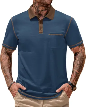 Mens Polo Shirts Casual Color Block Collar Short Sleeve Shirt with Pocket (S-XXL)
