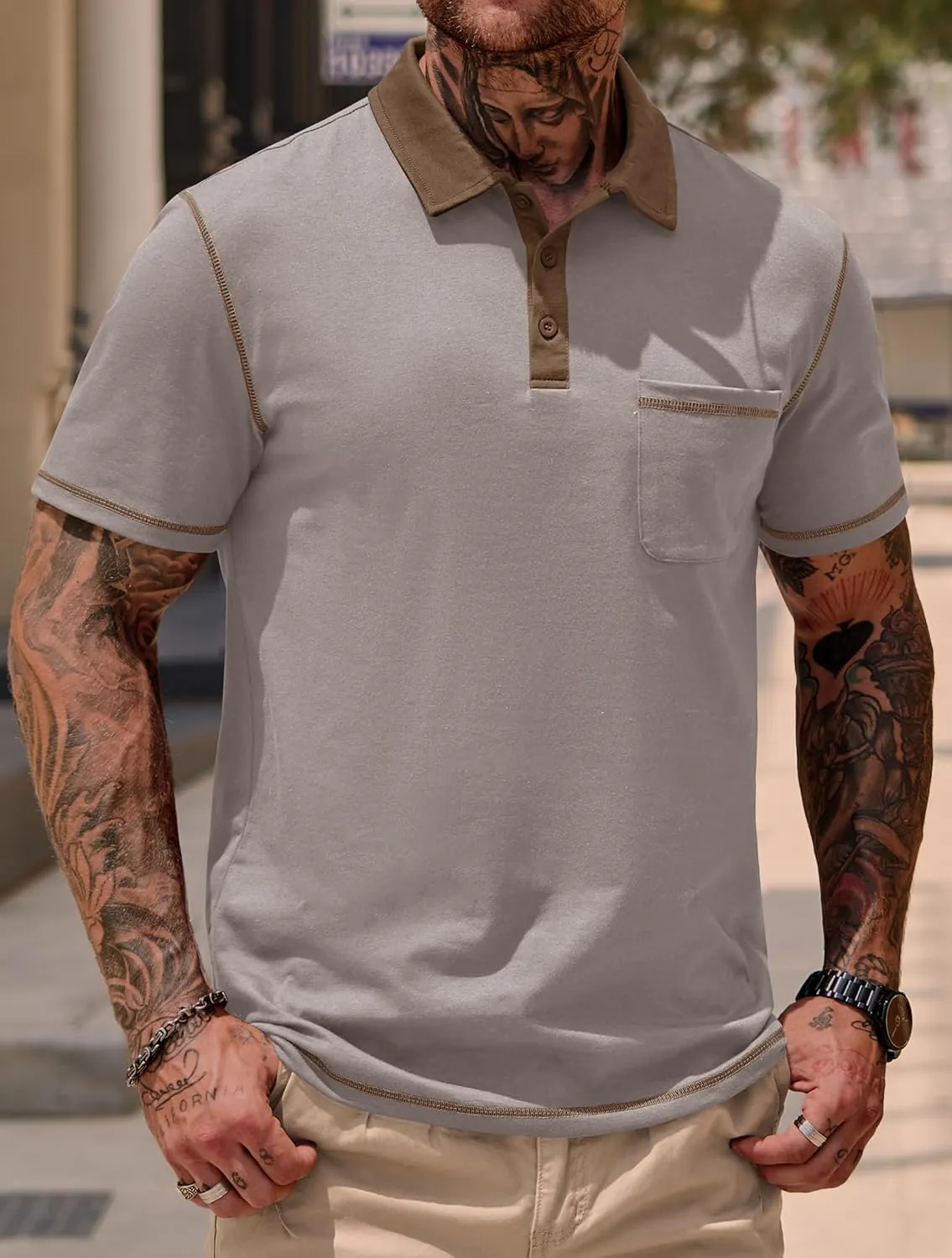 Mens Polo Shirts Casual Color Block Collar Short Sleeve Shirt with Pocket (S-XXL)