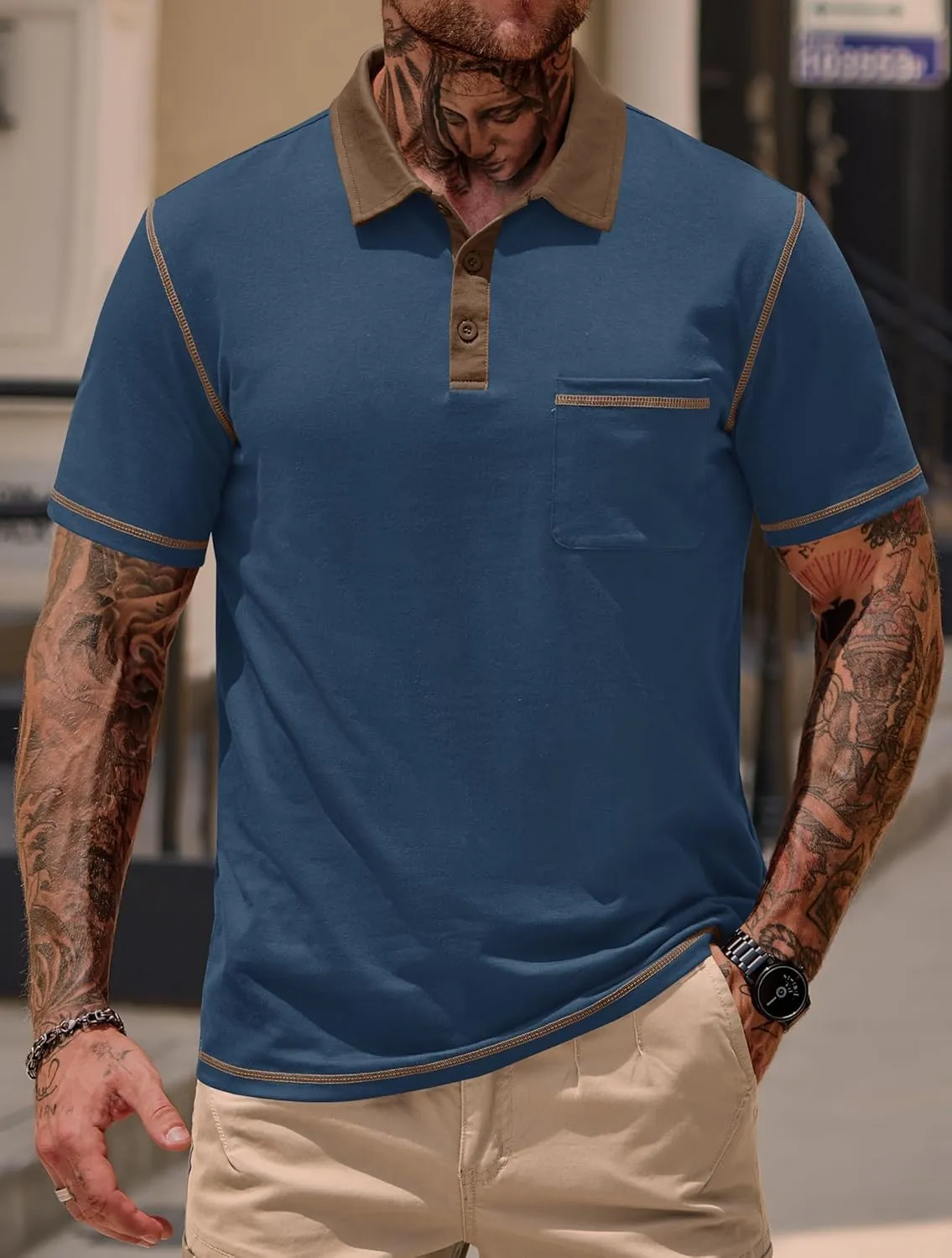 Mens Polo Shirts Casual Color Block Collar Short Sleeve Shirt with Pocket (S-XXL)
