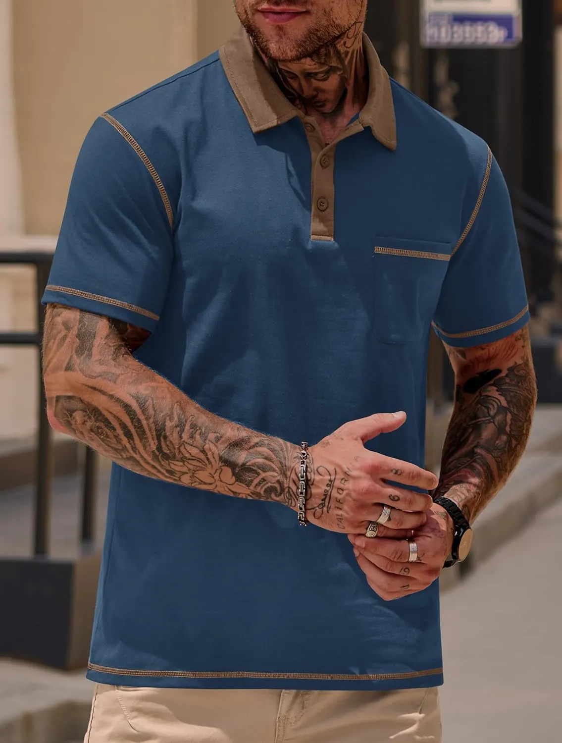 Mens Polo Shirts Casual Color Block Collar Short Sleeve Shirt with Pocket (S-XXL)