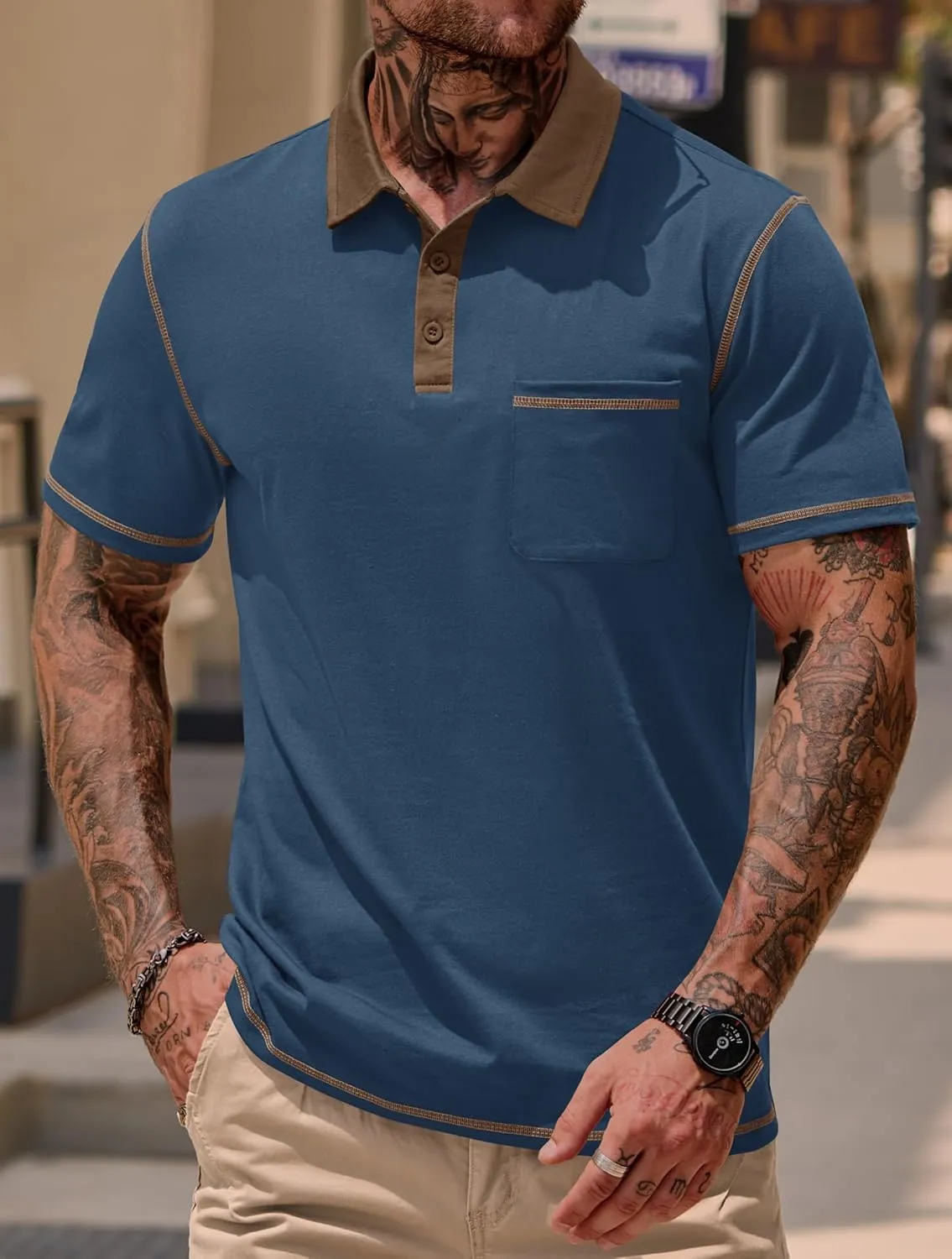 Mens Polo Shirts Casual Color Block Collar Short Sleeve Shirt with Pocket (S-XXL)