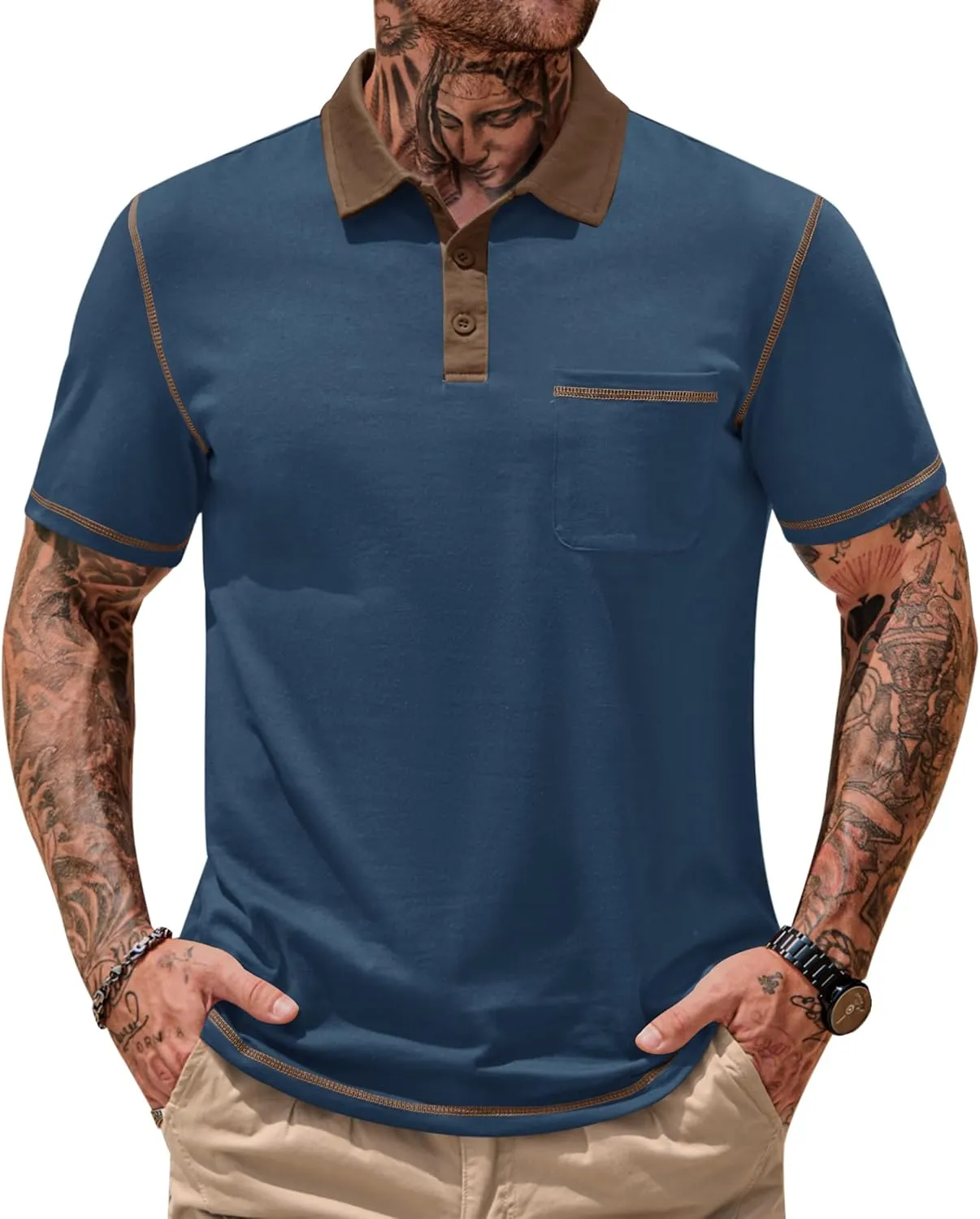 Mens Polo Shirts Casual Color Block Collar Short Sleeve Shirt with Pocket (S-XXL)