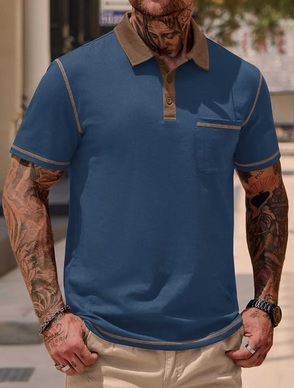 Mens Polo Shirts Casual Color Block Collar Short Sleeve Shirt with Pocket (S-XXL)