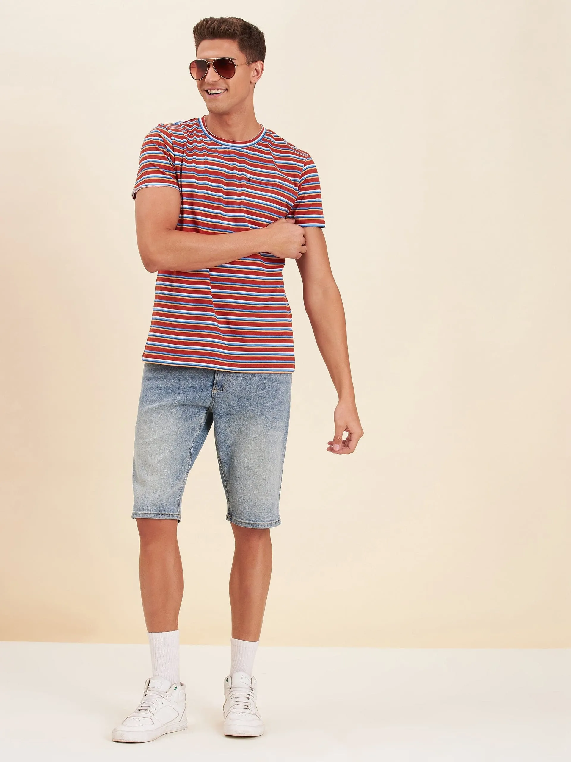 Men's Rust Multi Stripes Zipper Pocket Cotton T-Shirt - LYUSH-MASCLN