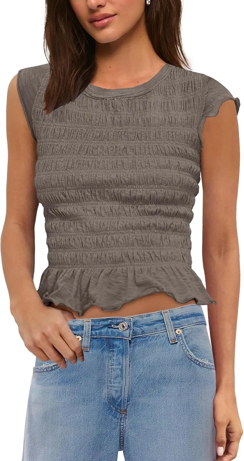 Panadila Womens Crop Tops Short Sleeve Shirts Ruched Fitted T Shirts Summer Going Out Tops Y2k Baby Tees