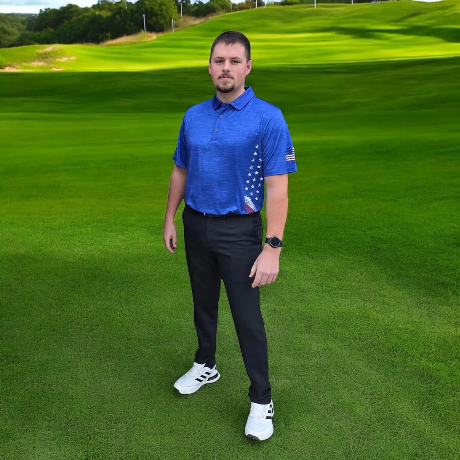 Patriotic USA Golf Polo Shirt  Mens Performance Short Sleeve Moisture Quick Dry Fit Athletic Veteran UPF Stretch Casual Fun