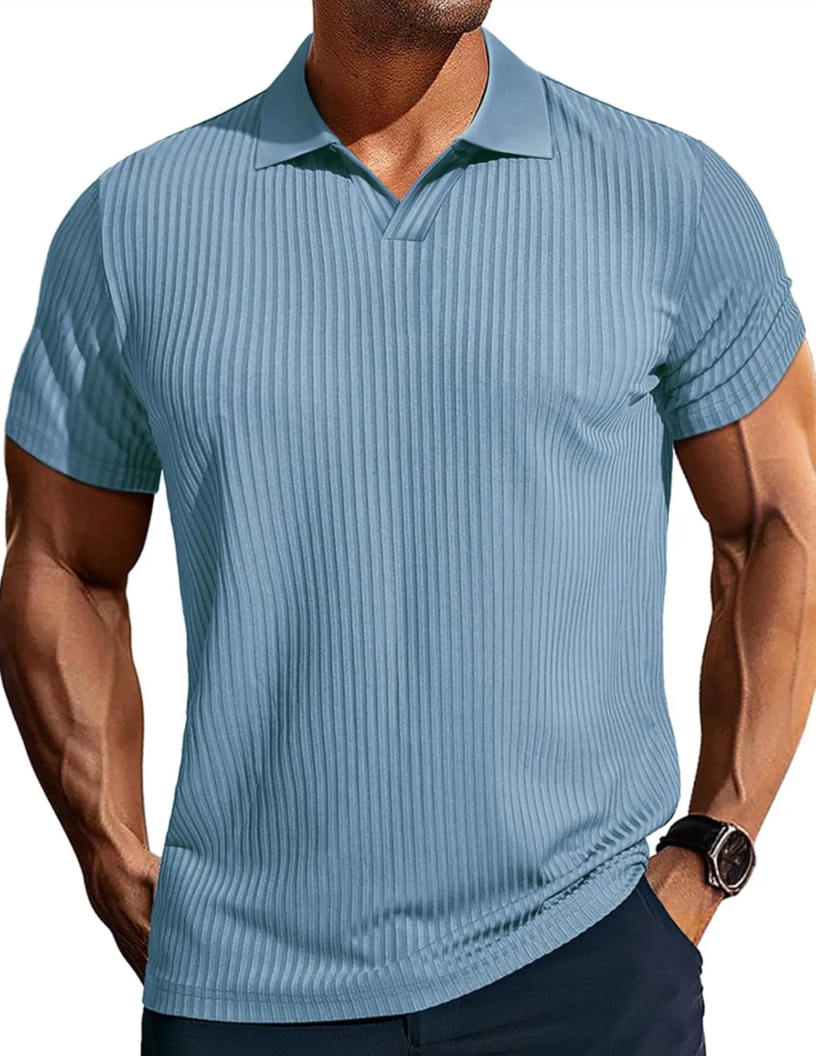 PJ PAUL JONES Mens Polo Shirts V Neck Textured Polo Shirt Quick-Dry Golf Shirts