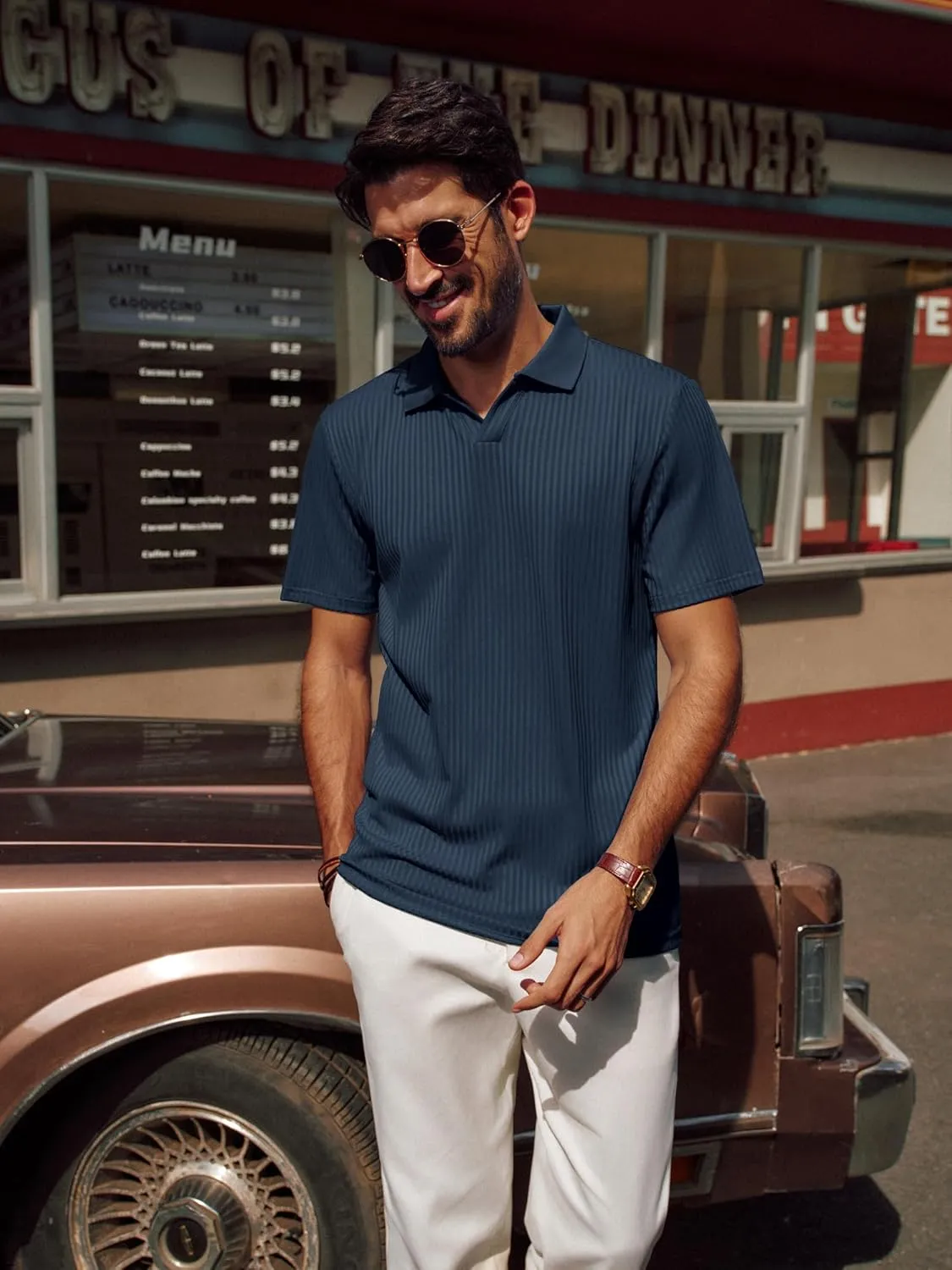 PJ PAUL JONES Mens Polo Shirts V Neck Textured Polo Shirt Quick-Dry Golf Shirts