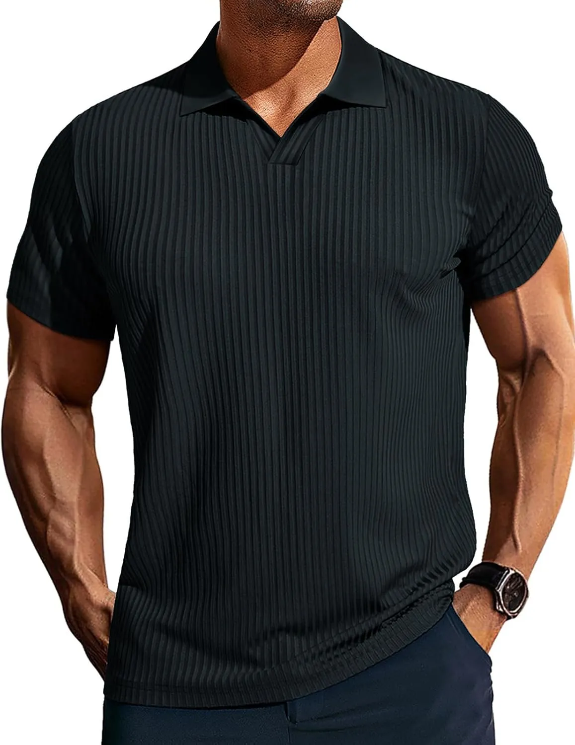 PJ PAUL JONES Mens Polo Shirts V Neck Textured Polo Shirt Quick-Dry Golf Shirts