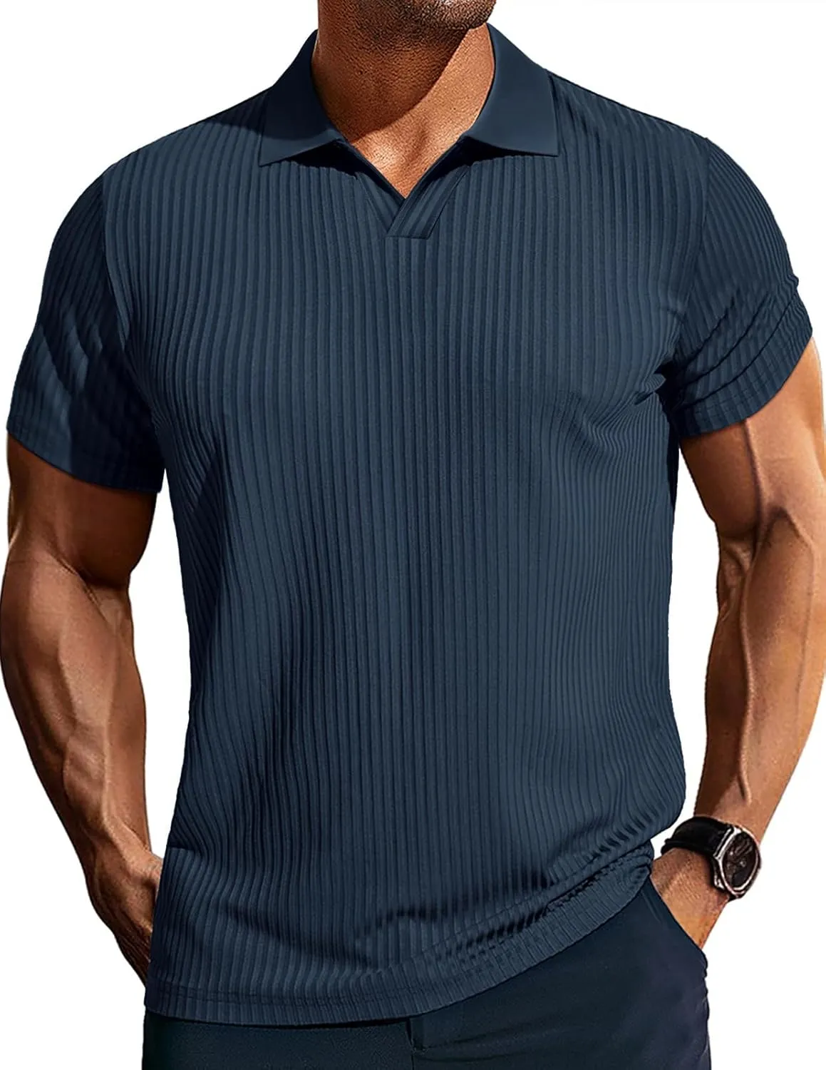 PJ PAUL JONES Mens Polo Shirts V Neck Textured Polo Shirt Quick-Dry Golf Shirts