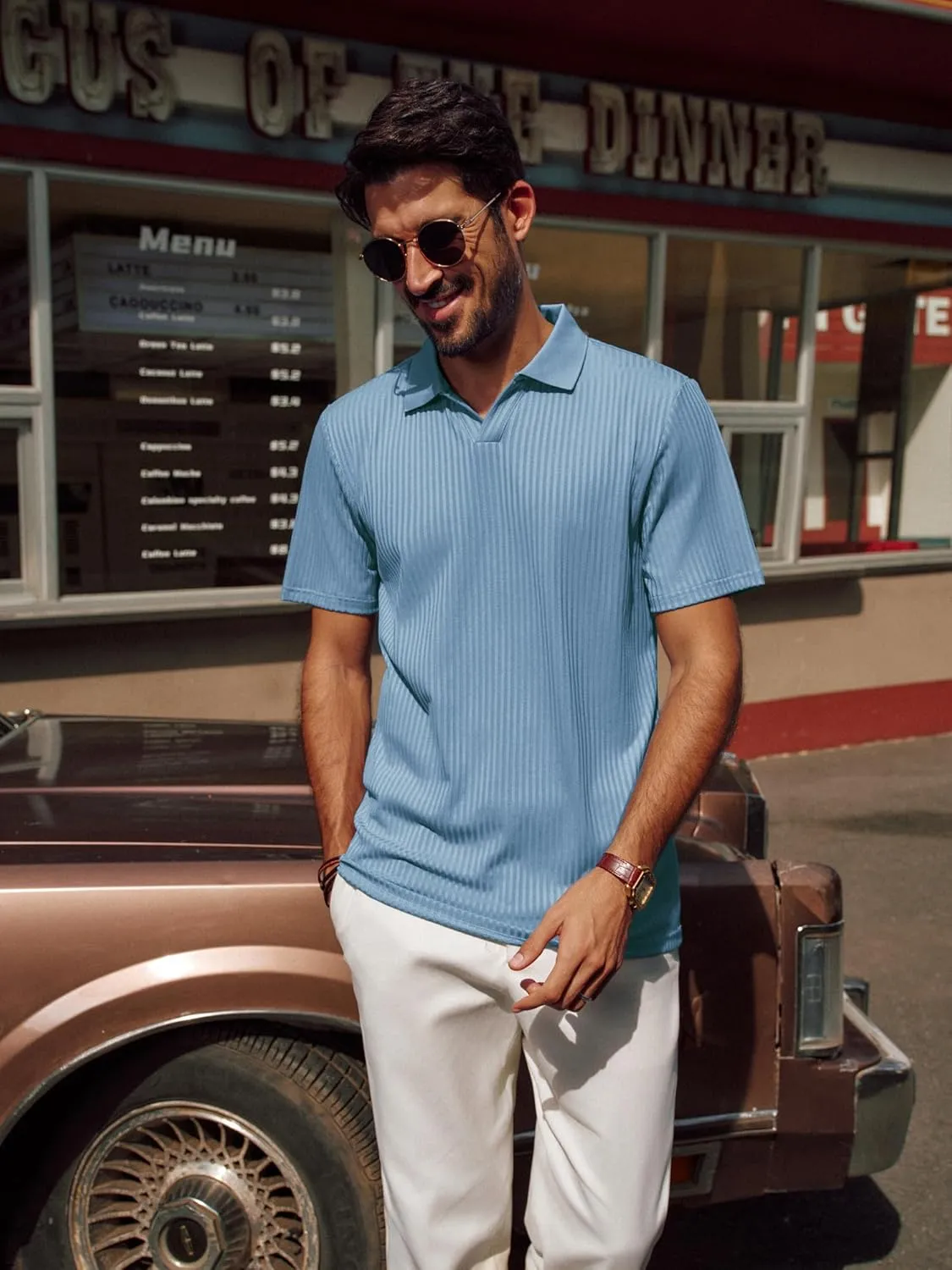 PJ PAUL JONES Mens Polo Shirts V Neck Textured Polo Shirt Quick-Dry Golf Shirts