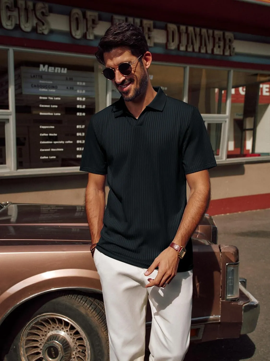PJ PAUL JONES Mens Polo Shirts V Neck Textured Polo Shirt Quick-Dry Golf Shirts