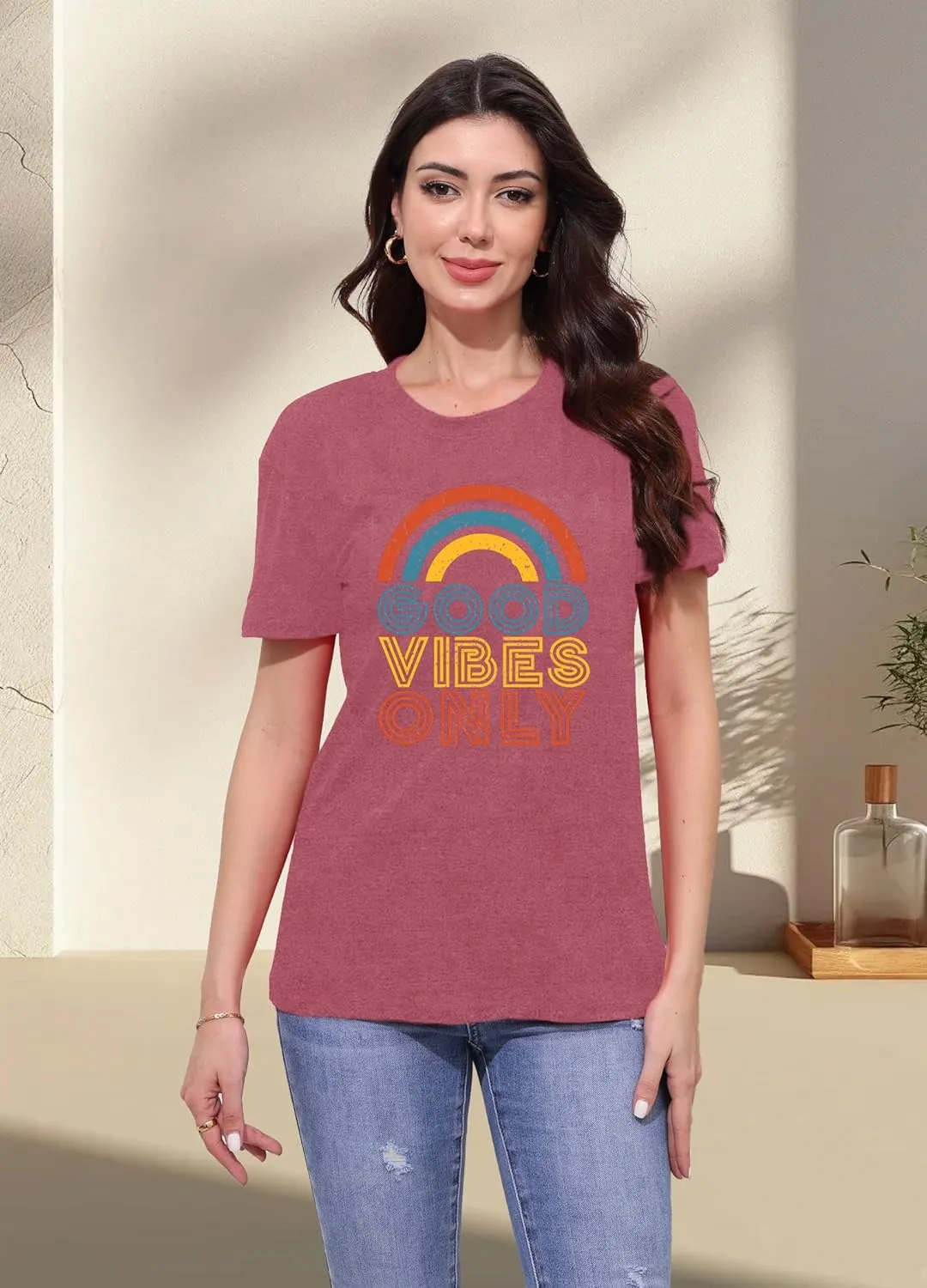 Positive Vibe Quote Shirts Women Vintage Rainbow Good Vibe Only T-Shirt Casual Inspirational Tee Tops