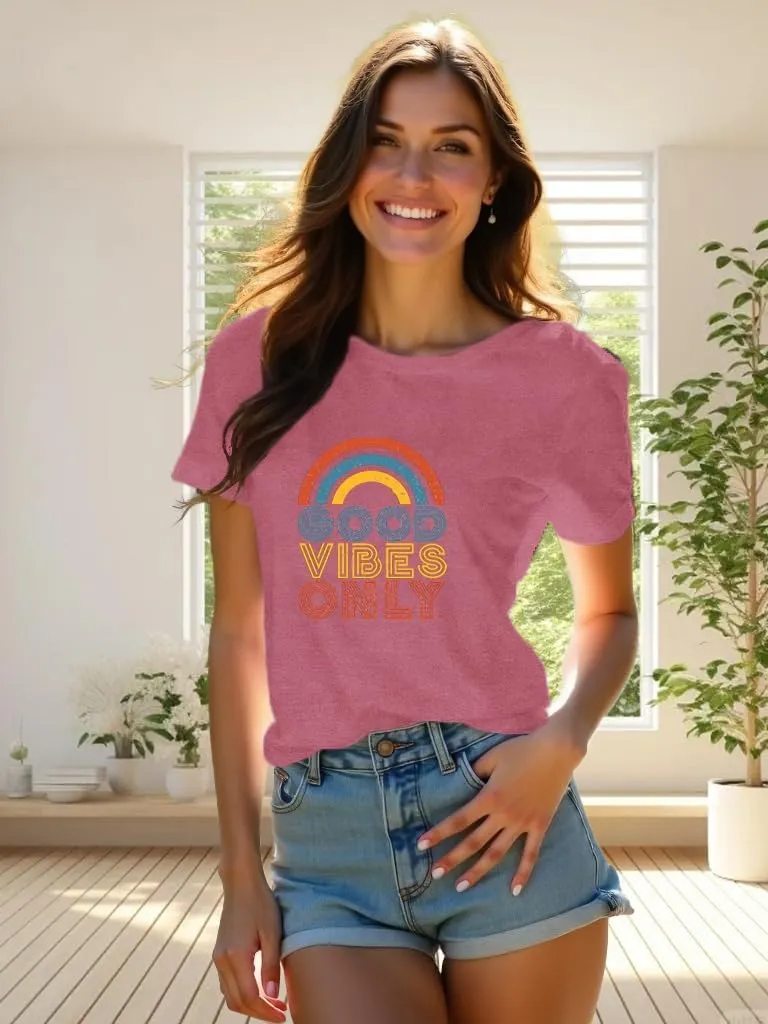 Positive Vibe Quote Shirts Women Vintage Rainbow Good Vibe Only T-Shirt Casual Inspirational Tee Tops