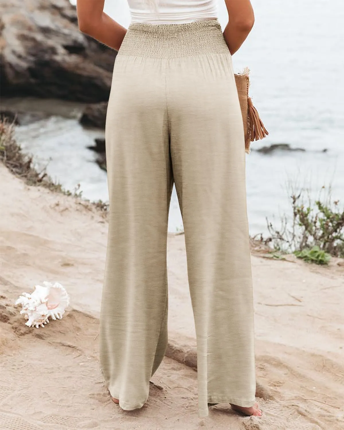 PrinStory Womens Summer Mix Cotton Linen Palazzo Pants High Waisted Wide Leg Long Lounge Trousers with Pocket