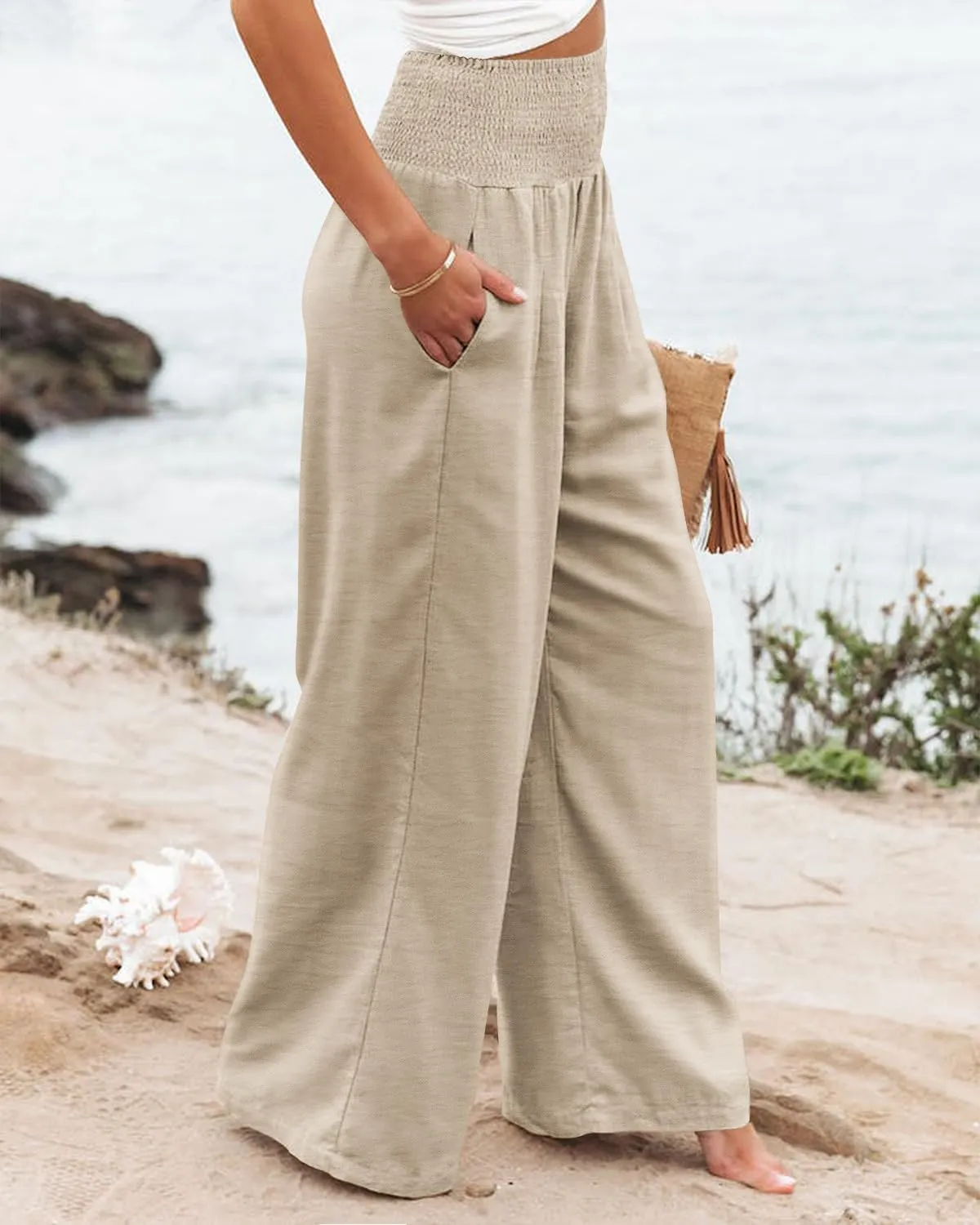 PrinStory Womens Summer Mix Cotton Linen Palazzo Pants High Waisted Wide Leg Long Lounge Trousers with Pocket