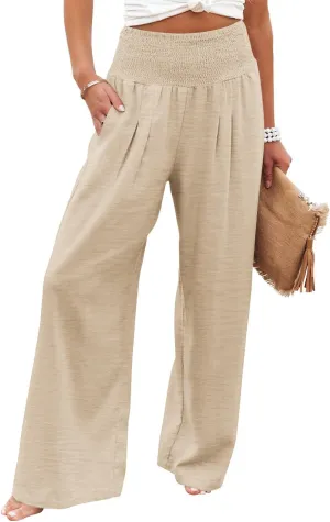 PrinStory Womens Summer Mix Cotton Linen Palazzo Pants High Waisted Wide Leg Long Lounge Trousers with Pocket