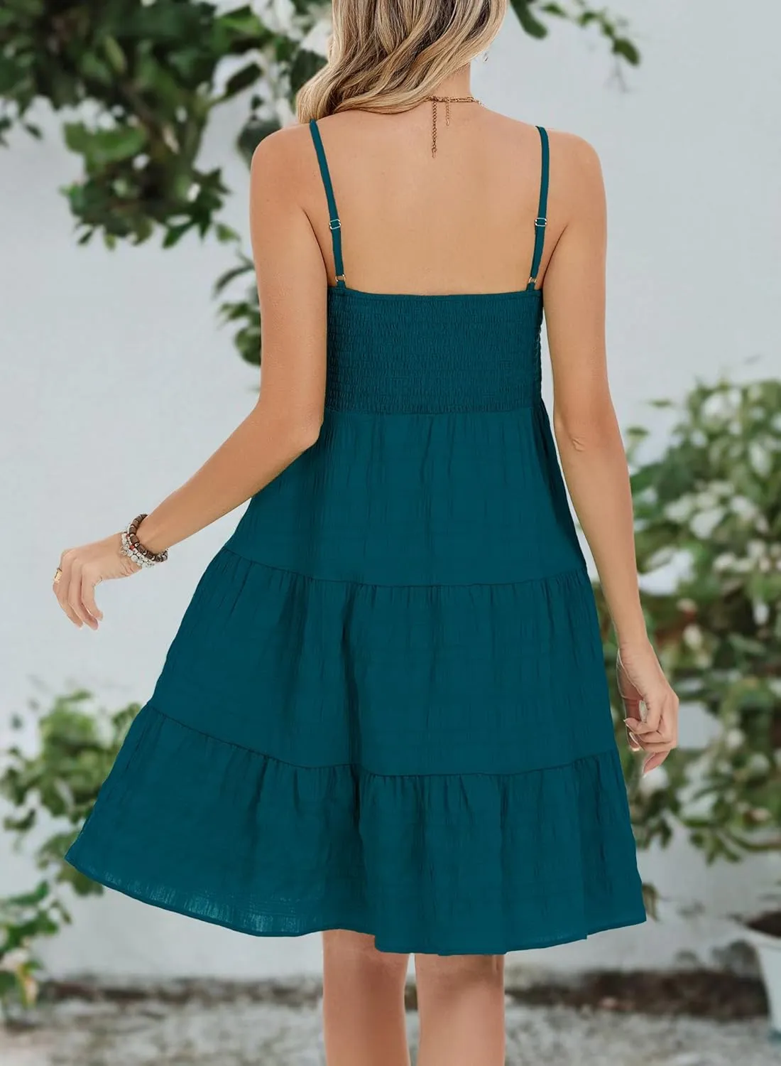 RANPHEE Womens Casual Summer Spaghetti Strap Smocked A Line Beach Vacation Sun Dress Above The Knee