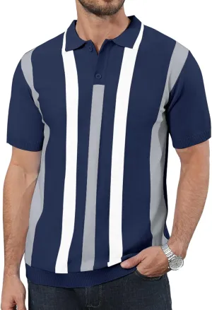 Ryehack Mens Casual Polo Shirts Knit Short Sleeve Vintage Striped Button T-Shirt Slim Fit Golf Vacation Shirt