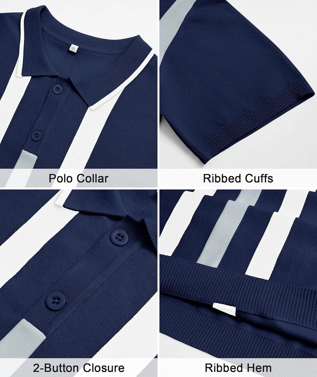 Ryehack Mens Casual Polo Shirts Knit Short Sleeve Vintage Striped Button T-Shirt Slim Fit Golf Vacation Shirt