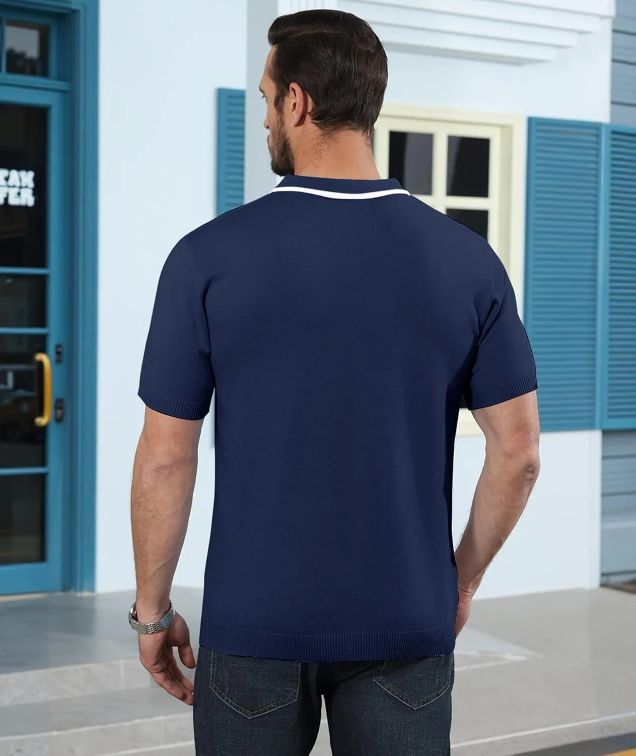 Ryehack Mens Casual Polo Shirts Knit Short Sleeve Vintage Striped Button T-Shirt Slim Fit Golf Vacation Shirt