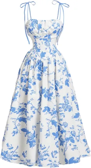 SHENHE Women's Floral Bustier Corset Dress Tie Shoulder Smocked Flowy Boho Long Dress Sundress