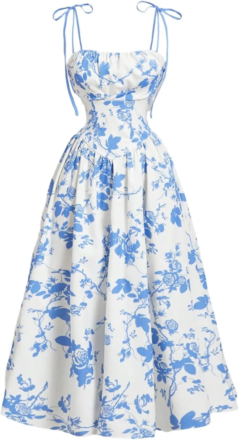 SHENHE Women's Floral Bustier Corset Dress Tie Shoulder Smocked Flowy Boho Long Dress Sundress