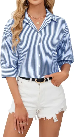 siliteelon Button Down Shirts for Women Striped Dress Shirts 3/4 Sleeve Wrinkle Free Casual Collared Blouse Office Work Shirt