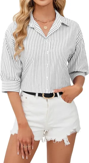siliteelon Button Down Shirts for Women Striped Dress Shirts 3/4 Sleeve Wrinkle Free Casual Collared Blouse Office Work Shirt