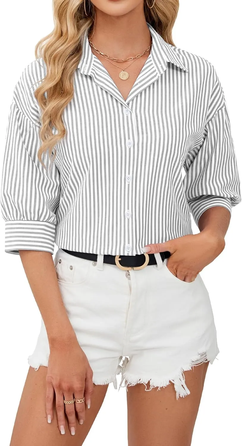 siliteelon Button Down Shirts for Women Striped Dress Shirts 3/4 Sleeve Wrinkle Free Casual Collared Blouse Office Work Shirt