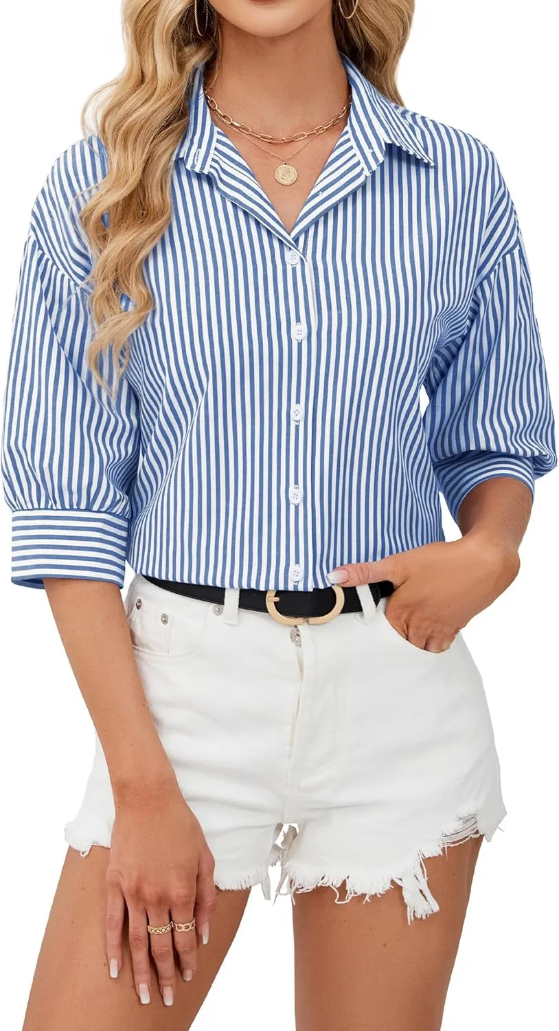siliteelon Button Down Shirts for Women Striped Dress Shirts 3/4 Sleeve Wrinkle Free Casual Collared Blouse Office Work Shirt