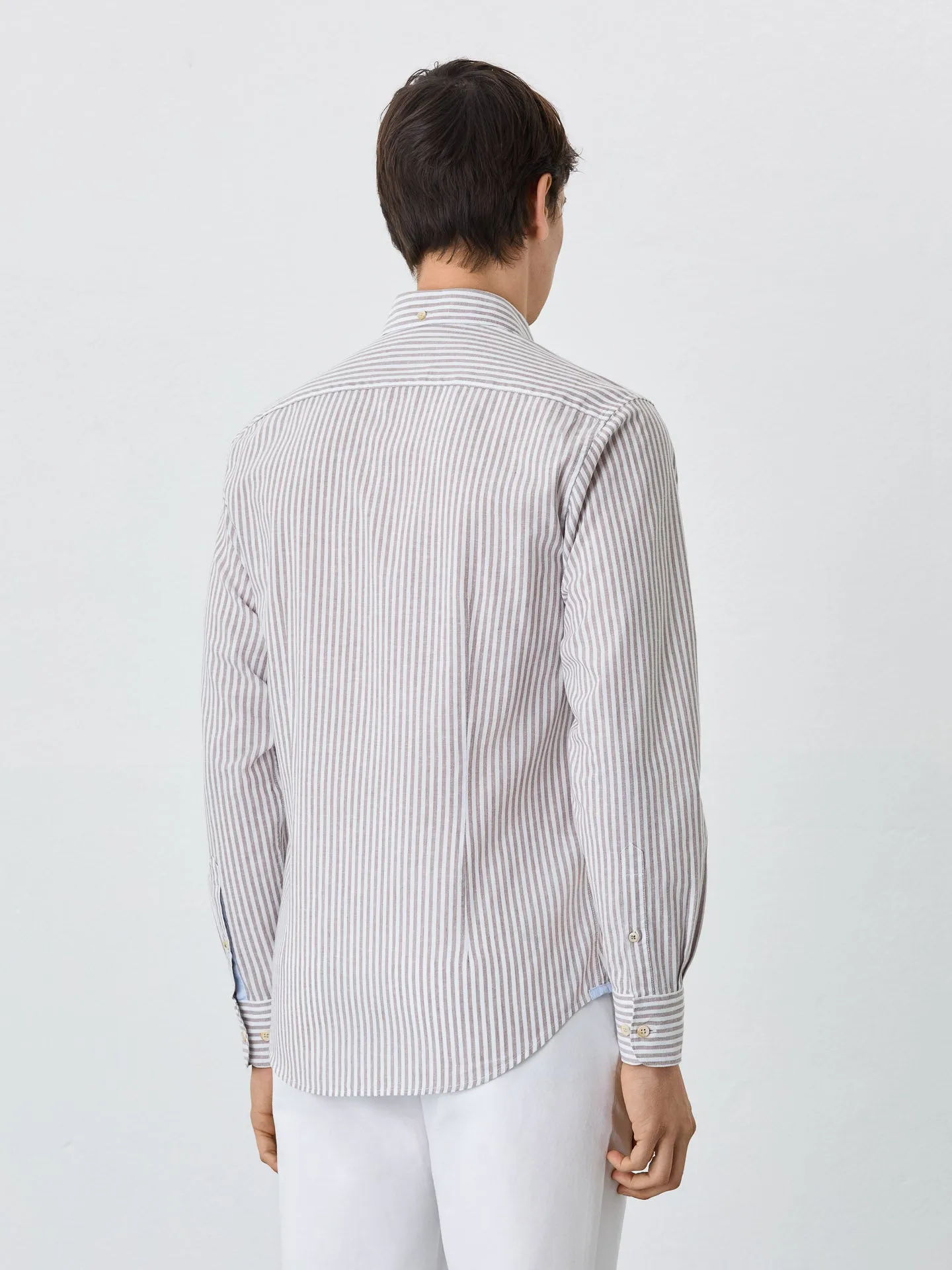 Slim Fit Shirt With Button Down Collar In Cotton-linen Blend With Stripes