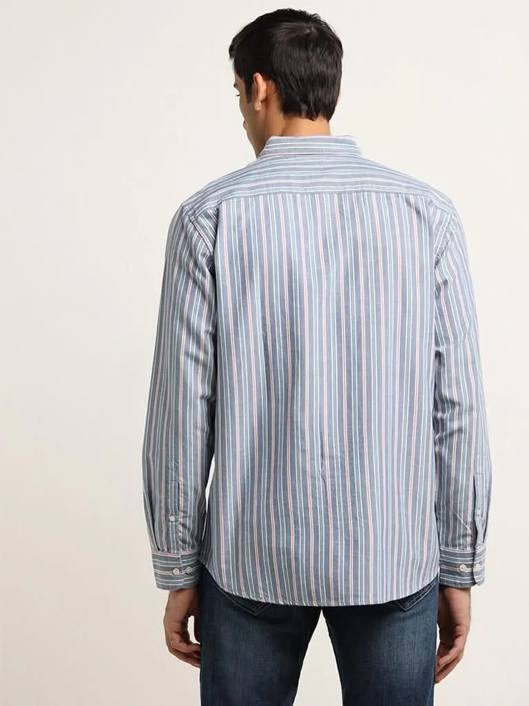 WES Casuals Blue Cotton Striped Relaxed Fit Shirt