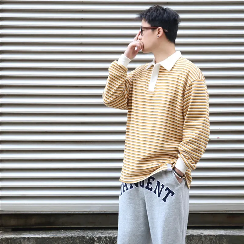 Wiaofellas  -  Japan fashion Retro Stripe Polo Shirt Men's Long sleeve Trendy Ins Early Spring Color Matching Loose BF Lazy Lapel Hoodie T-s...