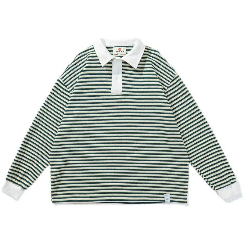 Wiaofellas  -  Japan fashion Retro Stripe Polo Shirt Men's Long sleeve Trendy Ins Early Spring Color Matching Loose BF Lazy Lapel Hoodie T-s...