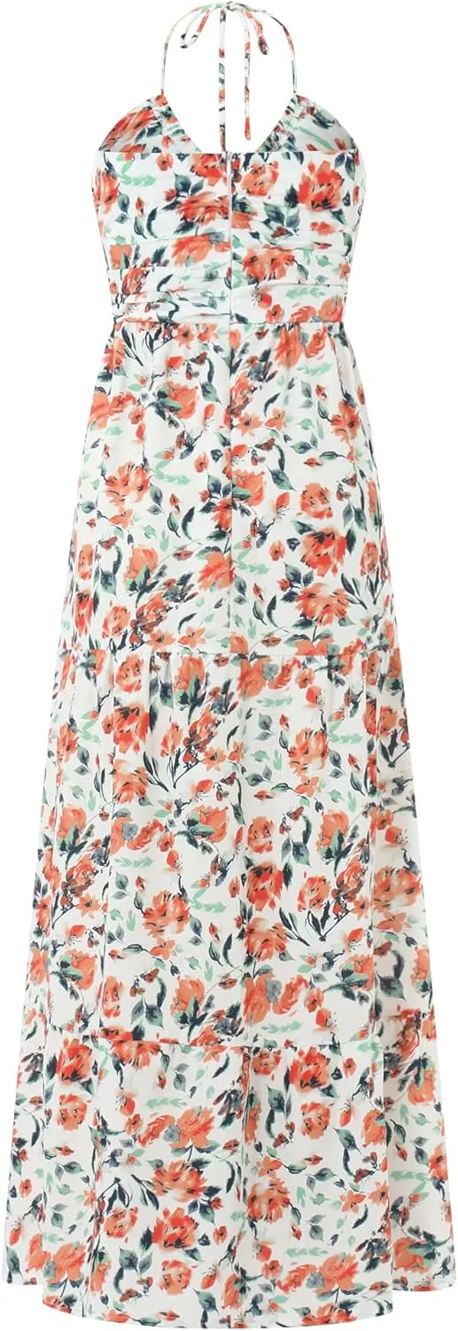 Women Summer Maxi Dress Casual Floral Halter Neck Beach Hawaiian Outfits Casual Loose Boho Sundress